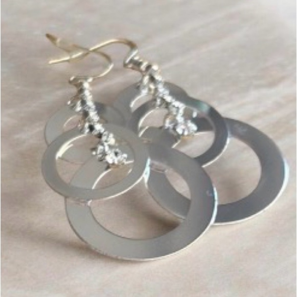 Vintage 2010 Silver Layered Circle Drop Earrings Rhinestone Dangle Statement 2”